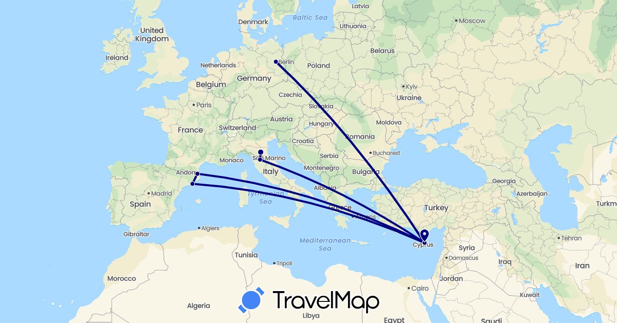 TravelMap itinerary: driving in Cyprus, Germany, Spain, Italy (Asia, Europe)
