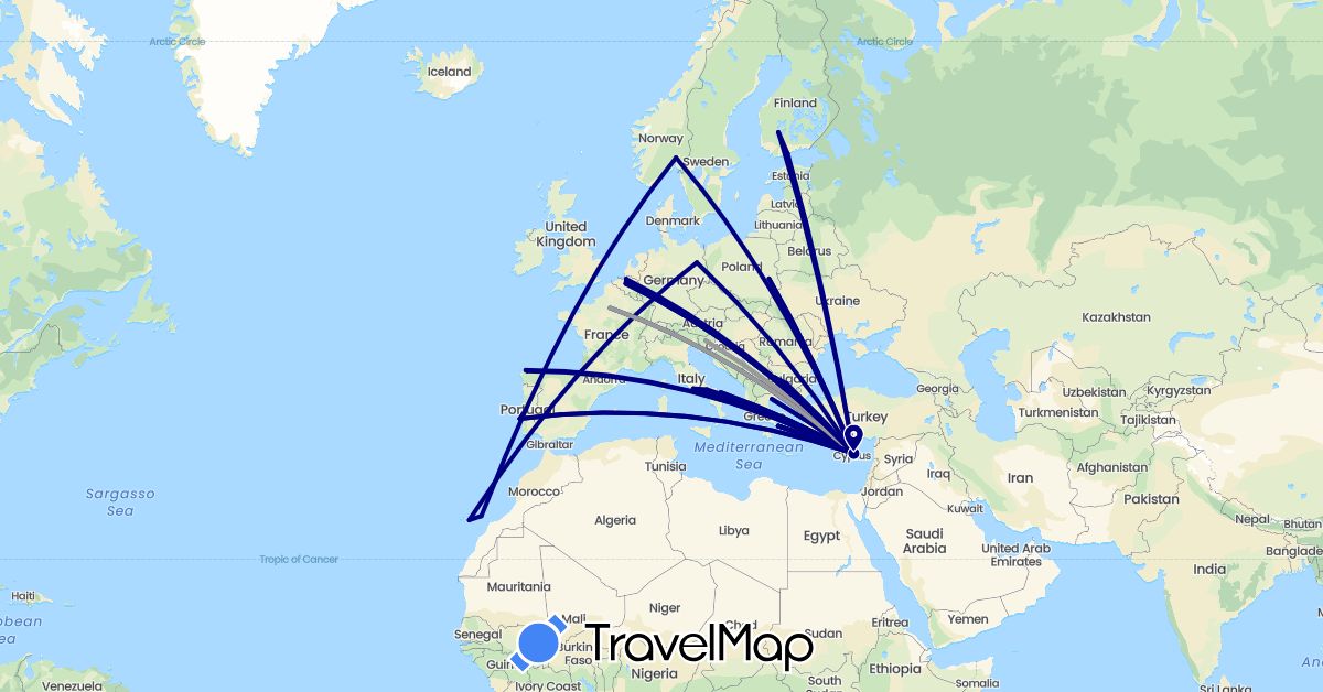 TravelMap itinerary: driving, plane in Belgium, Bulgaria, Cyprus, Germany, Spain, Finland, France, Greece, Italy, Norway, Poland, Portugal, Slovenia (Asia, Europe)