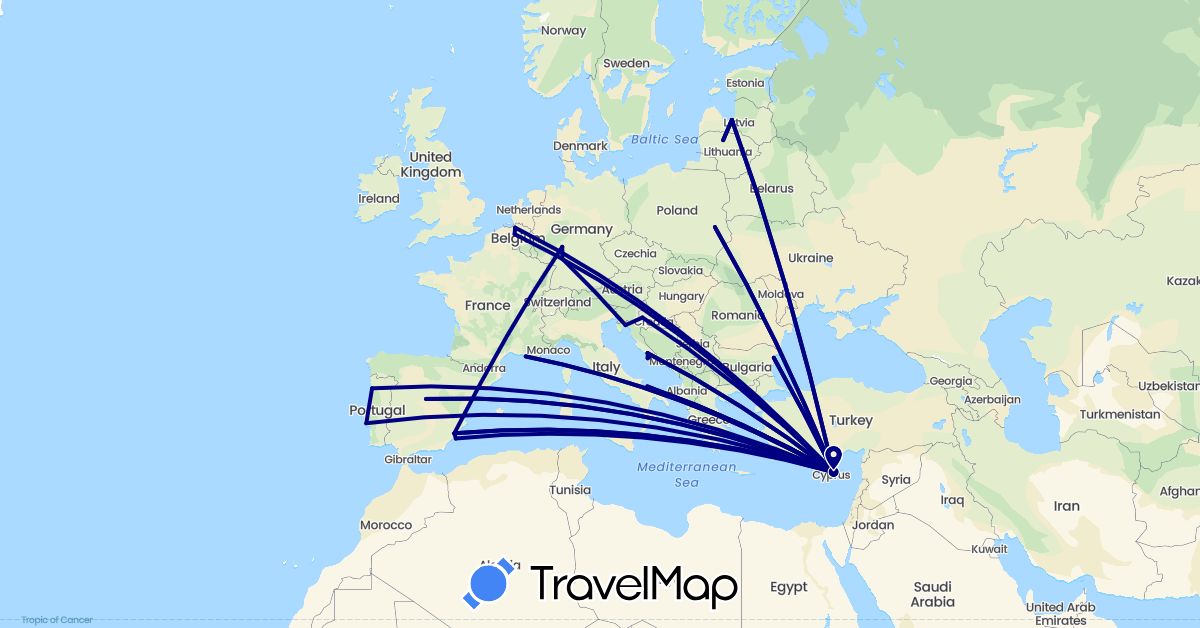 TravelMap itinerary: driving in Belgium, Bulgaria, Cyprus, Germany, Spain, France, Croatia, Italy, Lithuania, Latvia, Poland, Portugal (Asia, Europe)